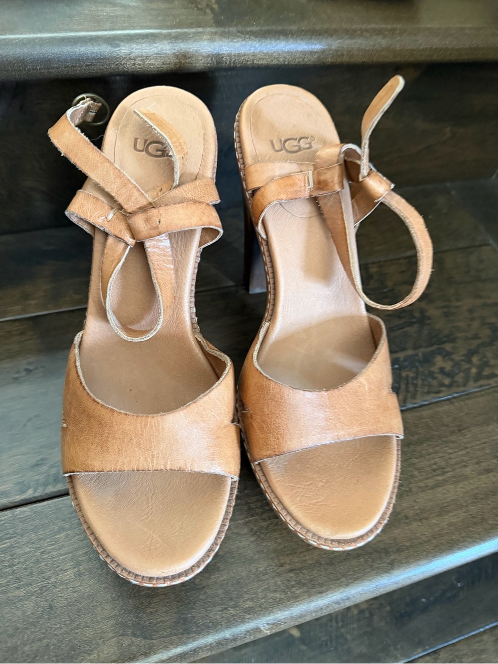 UGG Women’s Tan Leather Open-Toe Ankle-Strap Heels